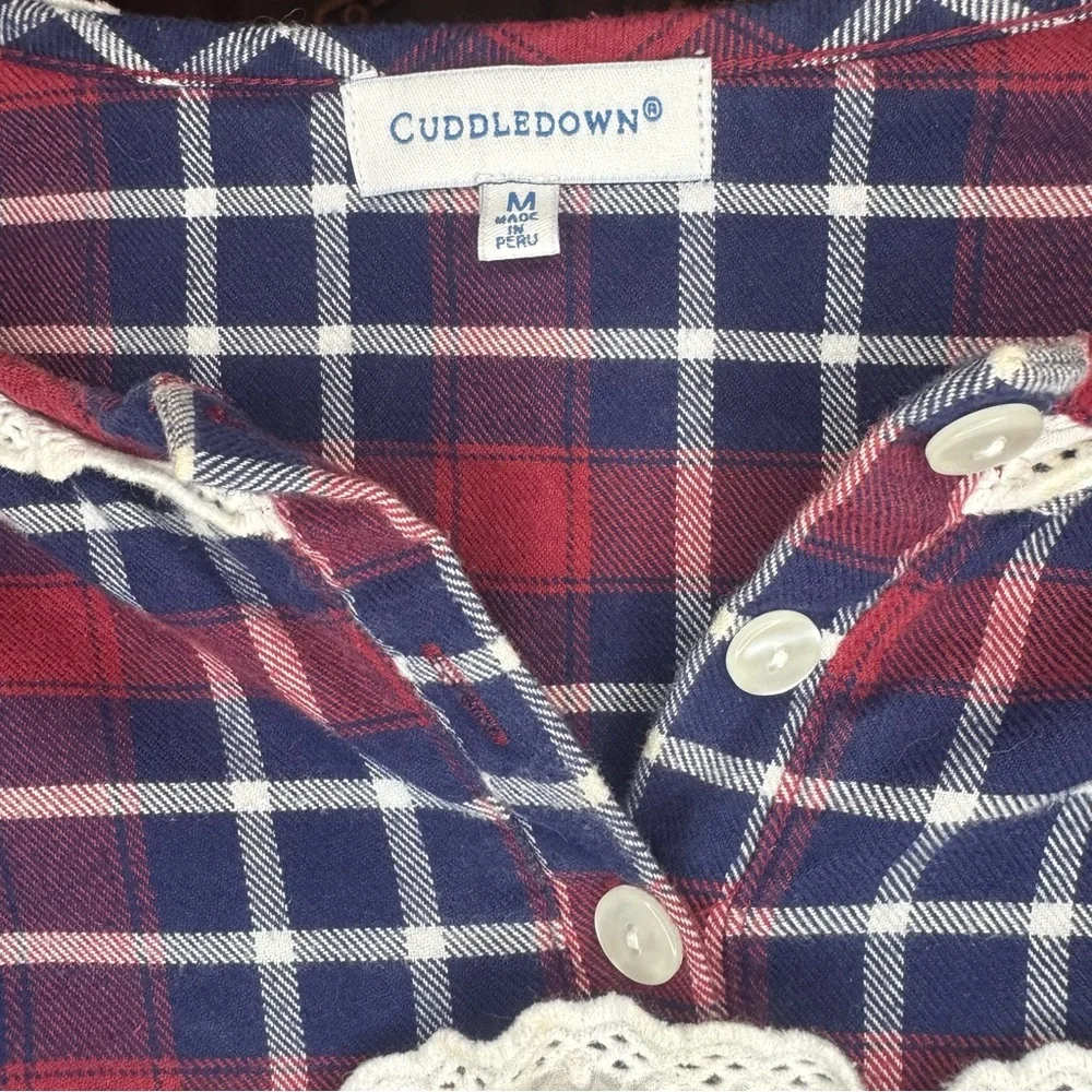 Plaid Long-Sleeve Nightgown with Lace Trim - Red/Navy